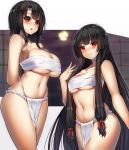  2girls absurdres black_hair blush breasts closed_mouth hair_ribbon highres isokaze_(kantai_collection) kantai_collection large_breasts long_hair looking_at_viewer moon multiple_girls navel open_mouth red_eyes ribbon short_hair takao_(kantai_collection) tress_ribbon yamanokami_eaka 