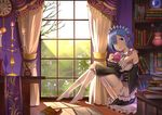  blue_hair book hair_ornament hair_over_one_eye maid maid_headdress purple_ribbon re:zero_kara_hajimeru_isekai_seikatsu rem_(re:zero) ribbon solo window x_hair_ornament zqzqy 