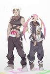  &gt;:( 1girl abs arm_tattoo baggy_pants bare_shoulders chain_necklace cosplay costume_switch dark_skin dark_skinned_male eye_contact eyewear_on_head frown full_body guzma_(pokemon) guzma_(pokemon)_(cosplay) hair_ornament hand_on_hip highres hood hoodie jewelry looking_at_another makeup mascara midriff multicolored_hair muscle navel navel_cutout necklace no-kan pants pink_hair plumeri_(pokemon) plumeri_(pokemon)_(cosplay) pokemon pokemon_(game) pokemon_sm quad_tails shirt shoes short_sleeves simple_background sleeveless standing stomach_tattoo sunglasses tank_top tattoo team_skull two-tone_hair v-shaped_eyebrows wavy_hair white_background white_hair wristband yellow_eyes 
