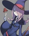  ban breasts covered_navel grey_background hair_over_one_eye hat highres hood little_witch_academia long_hair looking_at_viewer mushroom pale_skin purple_hair red_eyes robe simple_background small_breasts solo sucy_manbavaran witch witch_hat 