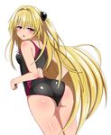  ass bad_id bad_pixiv_id black_swimsuit blonde_hair breasts cowboy_shot from_behind hair_intakes hair_ornament konjiki_no_yami long_hair looking_at_viewer looking_back marupuni one-piece_swimsuit red_eyes shiny shiny_skin small_breasts solo swimsuit tears to_love-ru very_long_hair white_background 