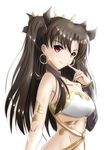  1girl arm armpits artist_request asymmetrical_sleeves bare_arms bare_legs bare_shoulders black_detached_sleeves black_hair black_ribbon breasts collar detached_sleeves earrings fate/grand_order fate_(series) female finger_to_mouth gem hair_ribbon highres hoop_earrings ishtar_(fate/grand_order) jewelry legs long_hair looking_at_viewer medium_breasts midriff naughty_face neck neck_ring pelvic_curtain red_eyes revealing_clothes ribbon shiny shiny_hair simple_background single_sleeve smile solo strapless tohsaka_rin two_side_up type-moon white_background 