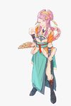  black_footwear boots fan fire_emblem fire_emblem_if full_body fur_trim hair_ornament hair_stick hairpods highres knee_boots long_hair nokieda orochi_(fire_emblem_if) purple_eyes purple_hair simple_background solo 