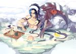  absurdres aduan bandage blue_hair bottle cup eyebrows_visible_through_hair eyes_closed floating floating_hair highres holding holding_cup in_water kayn league_of_legends lens_flare light_blue_hair multicolored_hair muscle onsen red_eyes rock rubber_duck sake_bottle scythe sitting snow steam towel towel_on_head water water_surface weapon wet 