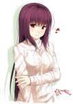  bangs blush breasts closed_mouth covered_nipples cropped_torso dated eyebrows_visible_through_hair fate/grand_order fate_(series) fingernails hand_on_own_arm heart long_hair long_sleeves looking_at_viewer medium_breasts mugipot no_bra purple_hair red_eyes ribbed_sweater scathach_(fate)_(all) scathach_(fate/grand_order) shadow signature simple_background sleeves_past_wrists smile solo sweater turtleneck turtleneck_sweater very_long_hair white_background white_sweater 