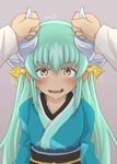 aqua_hair bangs blurry blush depth_of_field embarrassed fate/grand_order fate_(series) grey_background hair_between_eyes highres horn_grab horns japanese_clothes kimono kiyohime_(fate/grand_order) long_hair long_sleeves looking_at_viewer motion_lines obi open_mouth pov ru2n131 sash sidelocks simple_background solo_focus sweat upper_body wavy_mouth yellow_eyes 