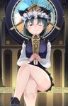  ;) bad_id bad_pixiv_id bangs bare_legs black_skirt blue_vest clock closed_mouth commentary crossed_legs green_eyes green_hair hat highres kurutsuki legs long_sleeves looking_at_viewer miniskirt naughty_face one_eye_closed parted_bangs puffy_long_sleeves puffy_sleeves rod_of_remorse romaji roman_numerals shiki_eiki short_hair sitting skirt smile solo touhou translated vest 