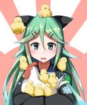  alternate_costume animal bad_id bad_pixiv_id bird blue_eyes blush chick chicken commentary_request green_hair hair_between_eyes hair_ornament hair_ribbon hairclip highres japanese_clothes kantai_collection kimono lerche long_hair looking_at_viewer on_head open_mouth ribbon rooster sitting sitting_on_head sitting_on_person sweatdrop upper_body yamakaze_(kantai_collection) yukata 