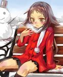  absurdres bench blush breath breathing_on_hands brown_eyes brown_hair coat day denchu_(kazudentyu) highres kneehighs long_hair low_ponytail mikakunin_de_shinkoukei mitsumine_mashiro outdoors pom_pom_(clothes) red_coat scarf sitting skirt snow snowman solo white_scarf winter winter_clothes 