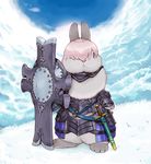  animalization armor black_armor blue_sky bunny clothed_animal cloud cloudy_sky commentary_request cosplay day fallstreak_hole fate/grand_order fate_(series) faulds full_body gorget grass hair_over_one_eye holding_shield lilac_(p-f_easy) looking_at_viewer mash_kyrielight mash_kyrielight_(cosplay) no_humans o-ring purple_eyes purple_hair sheath sheathed shield short_hair sky solo standing sword vambraces weapon 