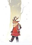  2016 antlers boots braid breath brown_footwear brown_hair english from_side full_body fur_trim hair_ribbon highres long_hair looking_down low_ponytail mittens multi-tied_hair number original parted_lips poncho red_eyes red_ribbon ribbon ryota-h side_braid snow snowing solo walking winter 