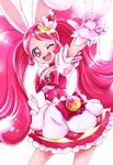  :d animal_ears boots bow bunny_ears cake_hair_ornament choker corset cure_whip earrings extra_ears eyelashes food food_themed_hair_ornament food_themed_ornament fruit full_body gloves hair_ornament hairband happy highres jewelry kirakira_precure_a_la_mode knee_boots long_hair looking_at_viewer magical_girl one_eye_closed open_mouth pink pink_bow pink_choker pink_footwear pink_hair precure puffy_sleeves red_eyes sharumon simple_background skirt smile solo strawberry twintails usami_ichika v white_background white_gloves white_skirt 