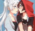 2girls :o azure-zer0 black_hair black_shirt blue_background blue_eyes blush cardigan close-up cookie eye_contact face-to-face food long_hair long_sleeves looking_at_another multiple_girls open_clothes open_mouth purple_eyes red_hood ruby_rose rwby sharing_food shirt short_hair short_sleeves side_ponytail simple_background suspenders weiss_schnee white_hair yuri 