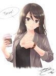  alternate_costume blush brown_eyes brown_hair casual coffee commentary_request finnish fumika_asano girls_und_panzer long_hair looking_at_viewer mika_(girls_und_panzer) parted_lips signature smile solo translated upper_body watch wristwatch 