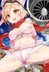  alternate_costume belt black_gloves boots breasts cleavage_cutout djeeta_(granblue_fantasy) from_below gloves granblue_fantasy hat highres long_sleeves looking_at_viewer medium_breasts midriff navel open_mouth outdoors pink_hat pink_shorts rai_(sakuranbo_sugar) red_scarf scarf short_hair shorts sky solo_focus spread_legs squatting thighs turbine white_footwear yellow_eyes 