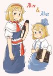  age_difference alice_margatroid alice_margatroid_(pc-98) ascot blonde_hair blue_eyes blue_hairband blush blush_stickers book bow buttons capelet character_name chii-kun_(seedyoulater) child collared_shirt dress dual_persona expressionless frilled_ascot frilled_sleeves frills grimoire grimoire_of_alice hairband height_difference holding holding_book looking_at_viewer multiple_girls nose_blush pink_background puffy_short_sleeves puffy_sleeves romaji shiny shiny_hair shirt short_hair short_sleeves simple_background skirt suspenders touhou touhou_(pc-98) younger 