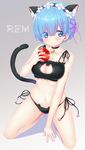  absurdres animal_ears animal_print apple bad_id bad_pixiv_id bangs bell bell_collar blue_eyes blue_hair blush breasts cat_cutout cat_ears cat_lingerie cat_panties cat_print cat_tail character_name cleavage cleavage_cutout closed_mouth collar collarbone commentary_request eyebrows_visible_through_hair eyes_visible_through_hair food fruit full_body gradient gradient_background grey_background hair_ornament hair_over_one_eye hair_ribbon highres hio_(hiohio0306) holding holding_food holding_fruit jingle_bell kneeling large_breasts looking_at_viewer maid_headdress meme_attire panties print_panties purple_ribbon re:zero_kara_hajimeru_isekai_seikatsu rem_(re:zero) ribbon shadow short_hair side-tie_panties smile solo tail underwear underwear_only x_hair_ornament 