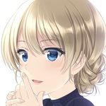  bangs blonde_hair blue_eyes blue_sweater blush braid commentary_request darjeeling eyebrows_visible_through_hair fumika_asano girls_und_panzer hands_together lips portrait ribbed_sweater short_hair solo sweater swept_bangs tied_hair turtleneck turtleneck_sweater white_background 