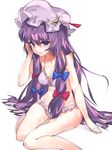 asuzemu bad_leg bare_legs bikini blue_bow bow crescent crescent_hair_ornament frilled_bikini frills hair_bow hair_ornament hat highres long_hair looking_at_viewer mob_cap patchouli_knowledge purple_bikini purple_eyes purple_hair red_bow sidelocks simple_background sitting sketch solo swimsuit touhou very_long_hair white_background 