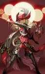  au_ra belt black_footwear black_legwear boots cravat daigoman final_fantasy final_fantasy_xiv gloves hat hat_feather horns red_eyes red_mage smile solo sword tail thigh_boots thighhighs weapon 