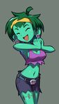  1girl ^o^ absurdres belt cleavage eyes_closed green_hair green_skin grey_background happy headband highres interlocked_fingers makoto_yabe midriff navel open_mouth rottytops shantae shantae_(series) short_hair shorts sideboob simple_background skull_earrings solo stitches stomach tank_top torn_clothes zombie 
