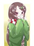  :3 brown_eyes brown_hair commentary_request fang futatsuiwa_mamizou futatsuiwa_mamizou_(human) glasses hair_ornament hands_in_opposite_sleeves highres japanese_clothes leaf_hair_ornament open_mouth scarf smile touhou uho_(uhoyoshi-o) 