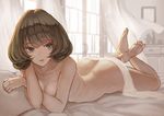  ass barefoot bed bed_sheet breasts brown_hair crossed_arms curtains full_body heterochromia idolmaster idolmaster_cinderella_girls indoors lying medium_breasts mole mole_under_eye nude on_bed on_stomach open_mouth ribs solo takagaki_kaede the_pose window yasukura_(shibu11) 