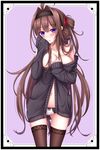  ahoge alternate_costume bare_shoulders blush breasts brown_hair brown_legwear cardigan gradient_hair hair_intakes hair_ribbon hairband highres kantai_collection kongou_(kantai_collection) large_breasts long_hair looking_at_viewer multicolored_hair navel no_pants off_shoulder open_mouth panties purple_eyes ribbon solo thighhighs underwear white_panties yoye_(pastel_white) 