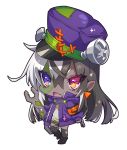  1girl :d armband bangs black_footwear black_hair black_legwear boots chibi crossed_bangs dark_skin eyebrows_visible_through_hair fang full_body hair_between_eyes hat heterochromia highres holding jacket long_sleeves looking_at_viewer multicolored_hair nail open_mouth original pointy_ears purple_eyes purple_hat purple_jacket red_eyes simple_background smile solo standing standing_on_one_leg stitches thighhighs torn_clothes torn_legwear two-tone_hair westxost_(68monkey) white_background white_hair wrench 