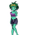 1girl belt breasts cleavage closed_mouth green_hair green_skin headband looking_to_the_side midriff navel off_shoulder red_eyes rottytops shantae shantae_(series) short_hair shorts skull_earrings solo stitches stomach strap_slip tank_top torn_clothes zombie 
