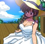  bangs breasts cleavage closed_mouth cloud cloudy_sky day dress hat hat_ribbon light_smile long_hair looking_to_the_side medium_breasts ocean outdoors porch ranma_1/2 ribbon sky solo standing sun_hat sundress tendou_kasumi wanta_(futoshi) white_dress yellow_hat 