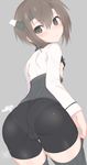  arms_at_sides ass bike_shorts black_legwear blush breasts brown_eyes brown_hair cowboy_shot from_behind hair_between_eyes hairband headgear highres kantai_collection leaning_forward looking_at_viewer makabe_gorou muneate panties_under_bike_shorts short_hair sideboob small_breasts solo taihou_(kantai_collection) thighhighs thighs 