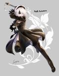  black_dress black_footwear black_gloves black_legwear blindfold boots breasts cleavage cleavage_cutout copyright_name dress full_body gloves hairband jumping katana kure~pu mole mole_under_mouth nier_(series) nier_automata short_hair side_slit silver_hair small_breasts solo sword thigh_boots thighhighs weapon yorha_no._2_type_b 
