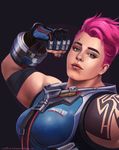  armor artist_name breasts clenched_hand dated ears fingerless_gloves flexing gloves green_eyes highres lips looking_at_viewer medium_breasts muscle muscular_female nail_polish nose overwatch pink_hair pink_nails pose realistic ruthie_hammerschlag scar short_hair signature sleeveless smile solo tattoo upper_body zarya_(overwatch) 