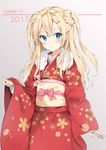  2017 bangs blonde_hair blue_eyes blush commentary_request cowboy_shot crossed_bangs eyebrows_visible_through_hair floral_print fur_collar grey_background hair_between_eyes hair_ornament hairclip hand_up highres japanese_clothes kimono kuran_(yourcatissick) long_hair looking_at_viewer obi original parted_lips red_kimono sash sleeves_past_wrists solo two_side_up 