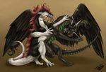  2012 black_feathers brown_hair claws digital_media_(artwork) dragon duo feathered_wings feathers feral fur green_eyes hair horn natoli open_mouth simple_background smile standing teeth watermark white_fur wings 