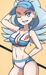  &gt;:) ;) adapted_costume ahoge arm_behind_back arm_behind_head badge bare_arms bikini blue_eyes blue_hair blue_hat breasts cleavage collarbone cowboy_shot elite_four feathers golf_club grin groin hat kahili_(pokemon) long_hair looking_at_viewer medium_breasts mole mole_under_eye navel one_eye_closed pokemon pokemon_(game) pokemon_sm popped_collar scott_bennett signature simple_background smile solo standing striped striped_bikini swimsuit unzipped v-shaped_eyebrows visor_cap yellow_background zipper 
