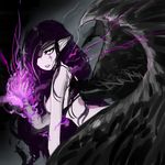  1girl breasts league_of_legends long_hair morgana pointy_ears purple_hair solo wings 