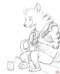 anthro bore_(artist) can digital_media_(artwork) disney fan_character fur guitar hyena male mammal music musical_instrument ozzy_(weaver) pack_street playing_instrument simple_background sitting smile solo striped_hyena zootopia 