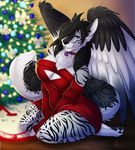  anthro canine christmas christmas_tree clothed clothing female holidays kneeling looking_at_viewer mammal overweight shariea smile solo tree 