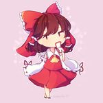  ascot blush bow brown_hair chibi covering_mouth detached_sleeves full_body hair_bow hair_tubes hakurei_reimu large_bow looking_at_viewer nanneichii ofuda red_eyes signature skirt skirt_set solo touhou vest 