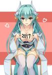  2017 aqua_hair bangs blush body_writing breasts cleavage collarbone commentary_request eyebrows_visible_through_hair fate/grand_order fate_(series) hair_between_eyes heart horns japanese_clothes kimono kiyohime_(fate/grand_order) kurokage large_breasts long_hair looking_at_viewer obi open_mouth sash sitting solo thighhighs twitter_username white_legwear wide_sleeves yellow_eyes 