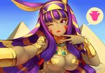  ;) animal_ears bangs blonde_hair blunt_bangs bracelet breasts cleavage dark_skin egyptian egyptian_clothes fate/grand_order fate_(series) gold hair_tubes hairband heart jackal_ears jewelry long_hair longjunt looking_at_viewer medium_breasts multicolored_hair nitocris_(fate/grand_order) one_eye_closed parted_lips purple_eyes purple_hair pyramid reaching_out revealing_clothes self_shot sidelocks smile solo spoken_heart two-tone_hair upper_body v 