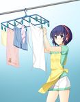  :/ animal_print apron bear_print blue_background blue_eyes blue_hair blush boxers clothes clothes_pin cowboy_shot gradient gradient_background green_shirt hair_ribbon hairband kuromukuro laundry laundry_pole loincloth nasunasu_net panties pink_panties raised_eyebrows red_ribbon ribbon shirahane_yukina shirt short_hair shorts simple_background solo t-shirt tareme towel underwear wind 