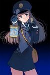  bag blue_eyes cowboy_shot gloves gradient gradient_background hat highres lantern long_hair masao necktie outstretched_arm pantyhose solo ticket uniform 