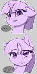  2017 captainpudgemuffin english_text equine female feral friendship_is_magic fur grey_background hair horn looking_at_viewer mammal multicolored_hair my_little_pony purple_eyes purple_fur purple_hair simple_background smile solo text twilight_sparkle_(mlp) unicorn 