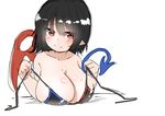  asymmetrical_wings bikini black_hair blush body_blush breast_rest breasts cleavage highres houjuu_nue huge_breasts looking_at_viewer pointy_ears red_eyes shiny shiny_skin short_hair sketch smile solo swimsuit takashi_(nekoro) touhou untied untied_bikini untied_bra untying wings 
