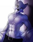  abs anthro canine clothed clothing facial_piercing lip_piercing looking_at_viewer male mammal navel piercing shariea smile solo teeth topless 