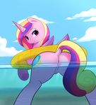  2017 absurd_res anus butt cloud cutie_mark dock equine eyelashes feathered_wings feathers female feral friendship_is_magic hair hi_res horn inner_tube long_hair looking_at_viewer looking_back mammal multicolored_hair multicolored_tail my_little_pony outside partially_submerged pinkcappachino princess_cadance_(mlp) purple_eyes pussy rear_view sky smile solo water winged_unicorn wings 