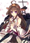  ahoge alternate_eye_color bare_shoulders brown_hair cherry_blossoms detached_sleeves double_bun hairband hands_together headgear japanese_clothes jewelry kantai_collection kongou_(kantai_collection) long_hair looking_at_viewer machinery nontraditional_miko orange_hairband purple_eyes remodel_(kantai_collection) ribbon-trimmed_sleeves ribbon_trim ring shirokitsune skirt smile solo wedding_band white_background wide_sleeves 